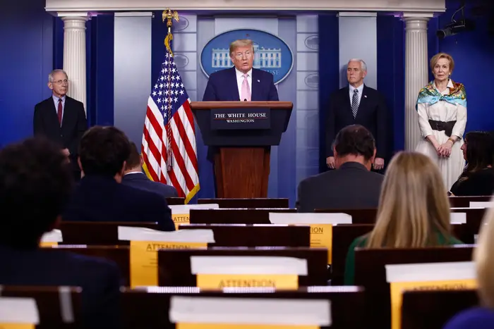 President Donald Trump speaks during a coronavirus task force briefing at the White House, in Washington. From left, Dr. Anthony Fauci, director of the National Institute of Allergy and Infectious Diseases, Trump, Vice President Mike Pence and Dr. Deborah Birx, White House coronavirus response coordinator